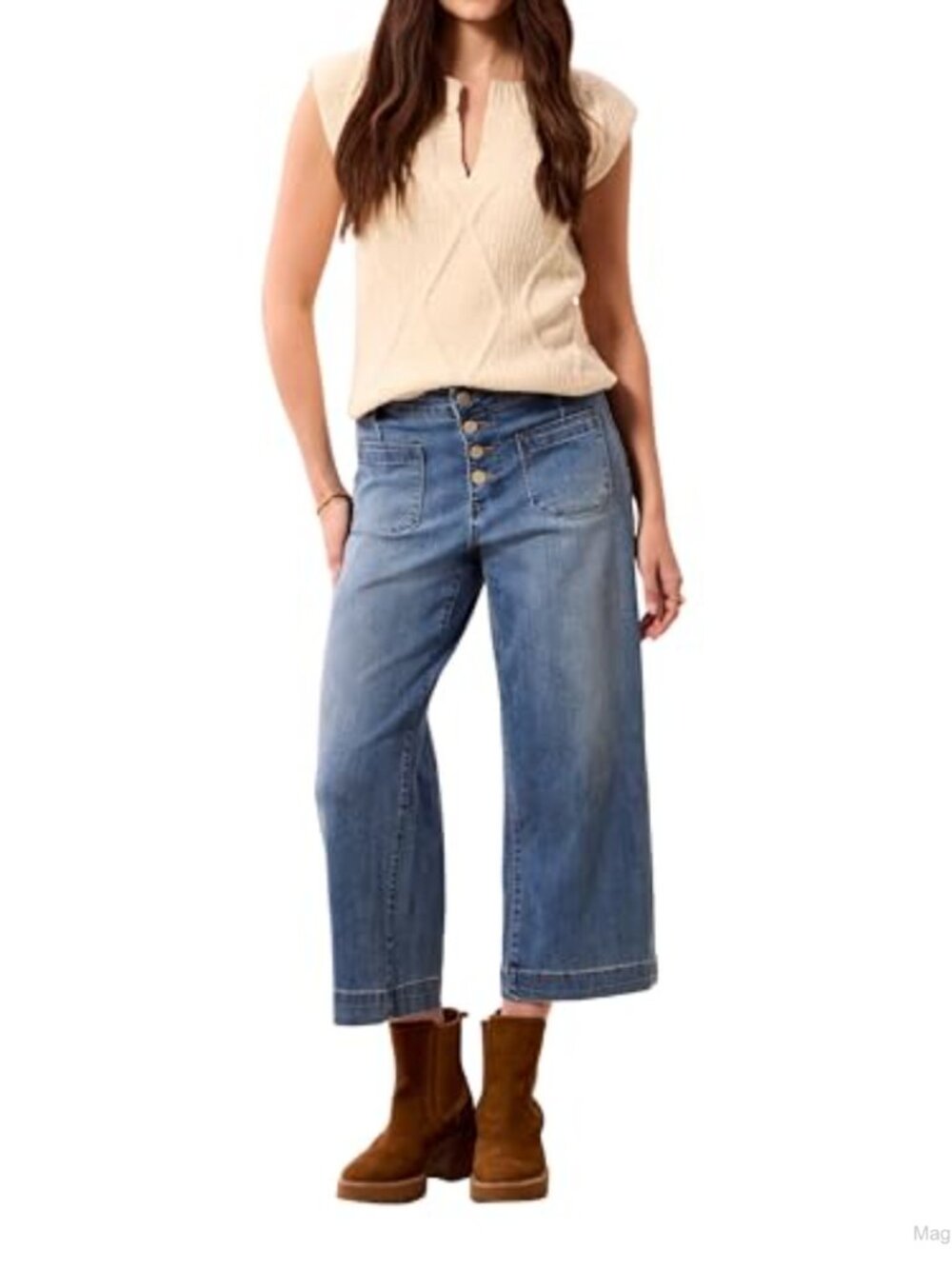 Mid-Rise Button-Fly Wide Leg Cropped Jeans Cotton Blend Stretch Denim